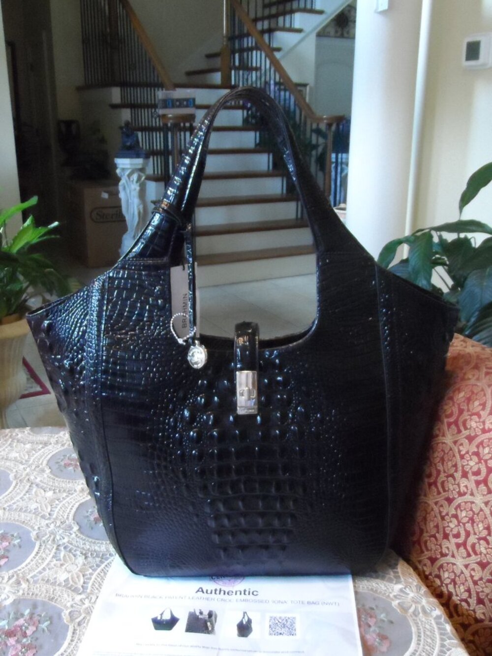 New Brahmin Black Patent Croc Embossed Iona Large Tote Bag - Picture 2 of 16